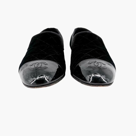 Chanel CC Cap Toe Quilted Loafers Size 37.5 US 6.5-7 Black Velvet Flat Slipper - Picture 5 of 14